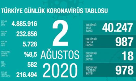 2 Ağustos 2020 corona virüs tablosu: 18 can kaybı, 987 vaka