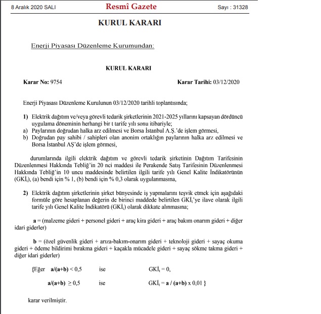 RESMİ GAZETEDE ELEKTRİK DAĞITIM FİRMALARINDA DİREK HALKA ARZ